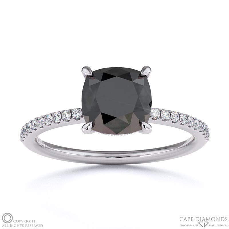 Black Lab Grown Diamond Cushion Cut Hidden Halo Side Stones Engagement Ring White Gold