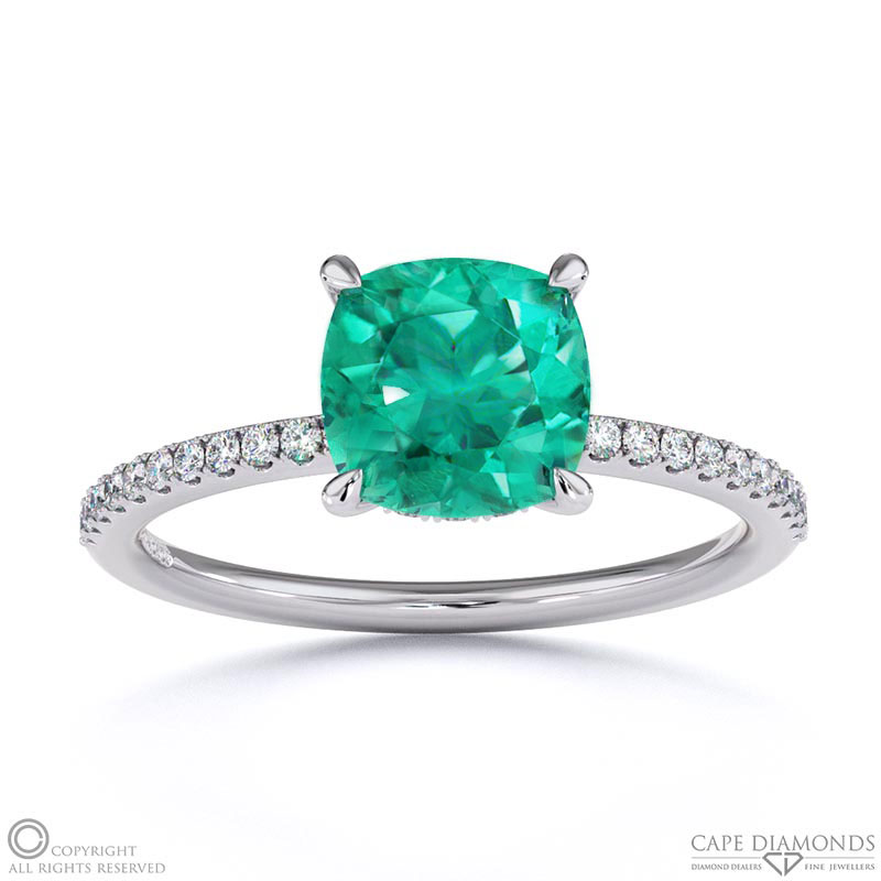 Emerald Cushion Cut Hidden Halo Side Stones Engagement Ring White Gold