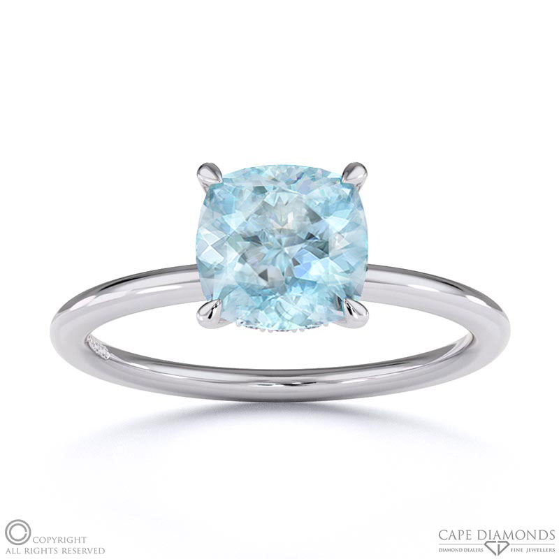 Aquamarine Cushion Cut Hidden Halo Engagement Ring White Gold