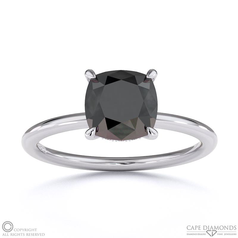 Black Lab Grown Diamond Cushion Cut Hidden Halo Engagement Ring White Gold