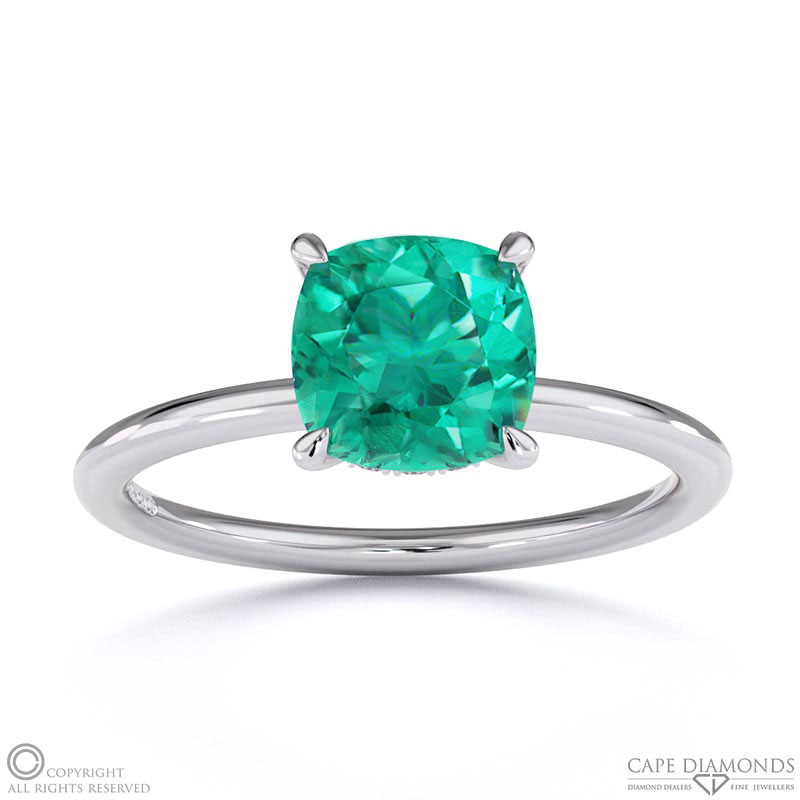 Emerald Cushion Cut Hidden Halo Engagement Ring White Gold
