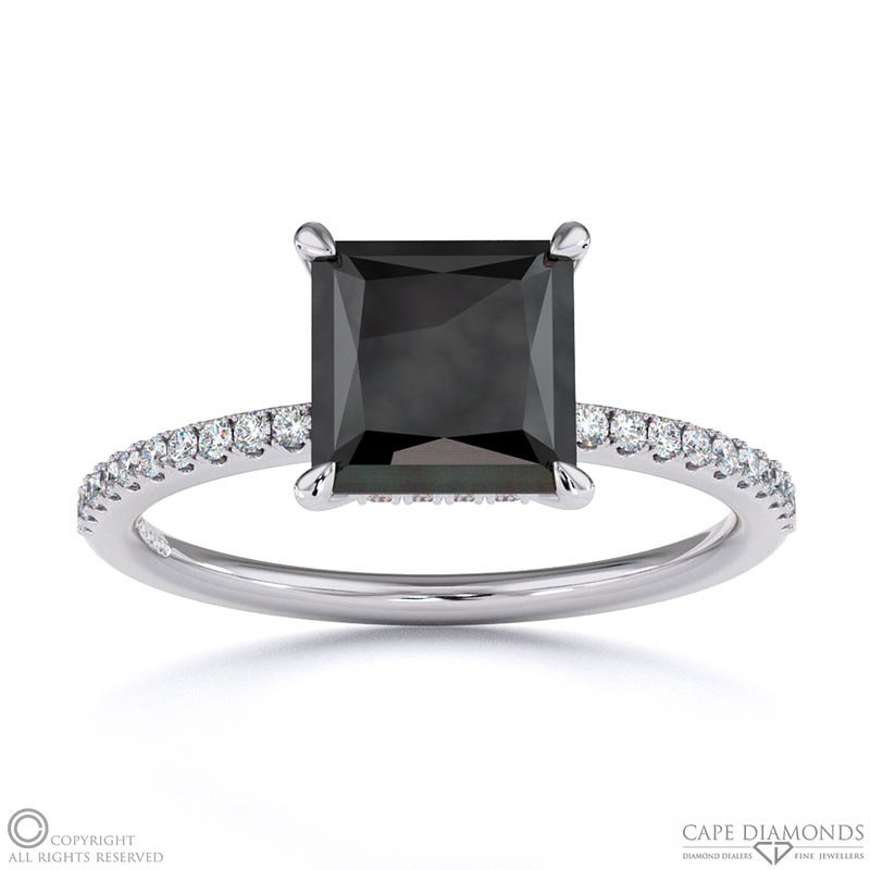 Black Lab Grown Diamond Princess Cut Hidden Halo Side Stones Engagement Ring White Gold