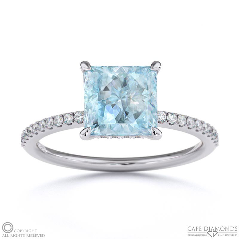 Paraiba Or Blue Tourmaline Princess Cut Hidden Halo Side Stones Engagement Ring White Gold