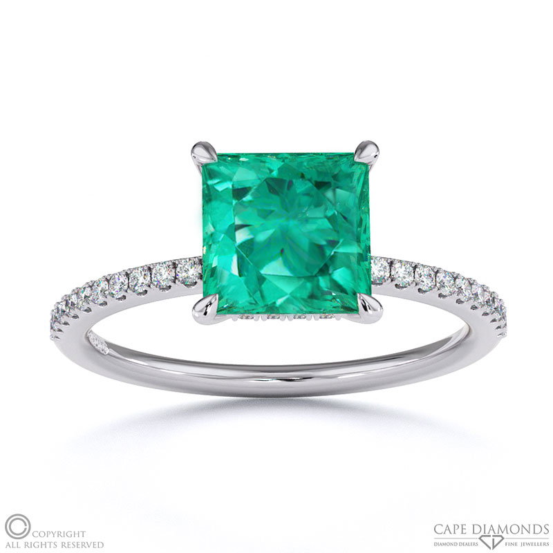 Tourmaline Princess Cut Hidden Halo Side Stones Engagement Ring White Gold