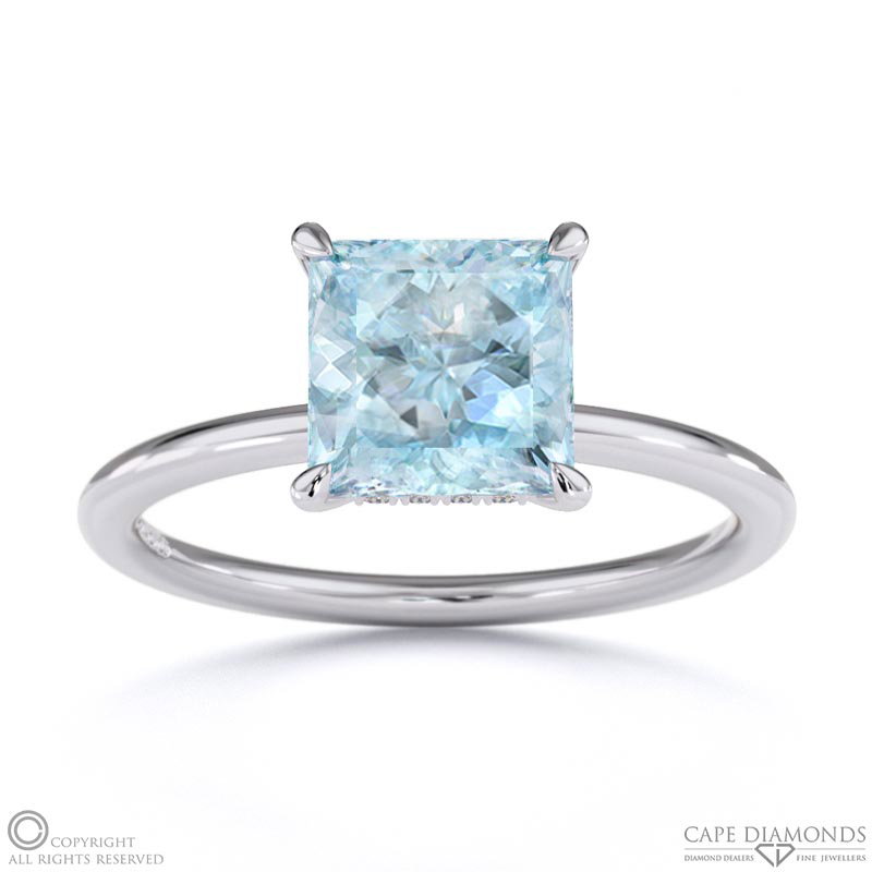 Paraiba Or Blue Tourmaline Princess Cut Hidden Halo  Engagement Ring White Gold