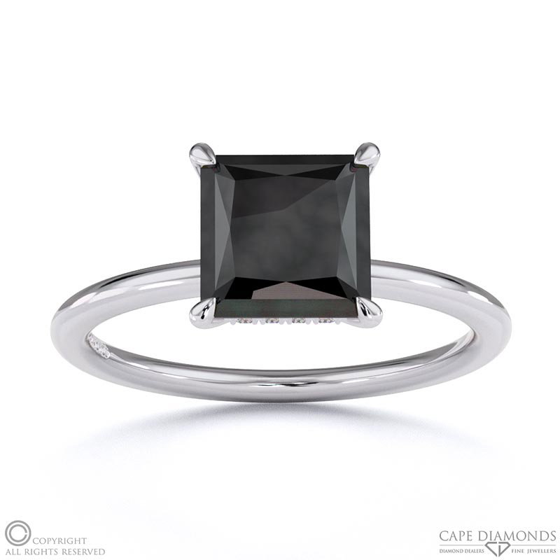 Black Lab Grown Diamond Princess Cut Hidden Halo  Engagement Ring White Gold