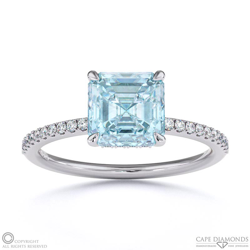 Aquamarine Asscher Cut Hidden Halo Sidestones Engagement Ring White Gold