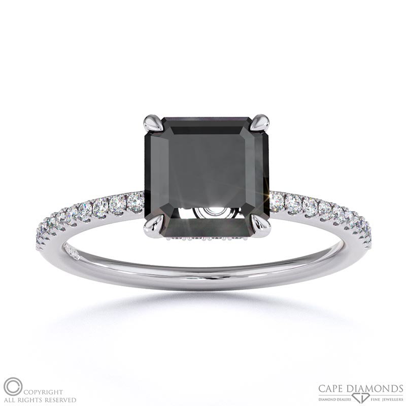 Black Lab Grown Diamond Asscher Cut Hidden Halo Sidestones Engagement Ring White Gold