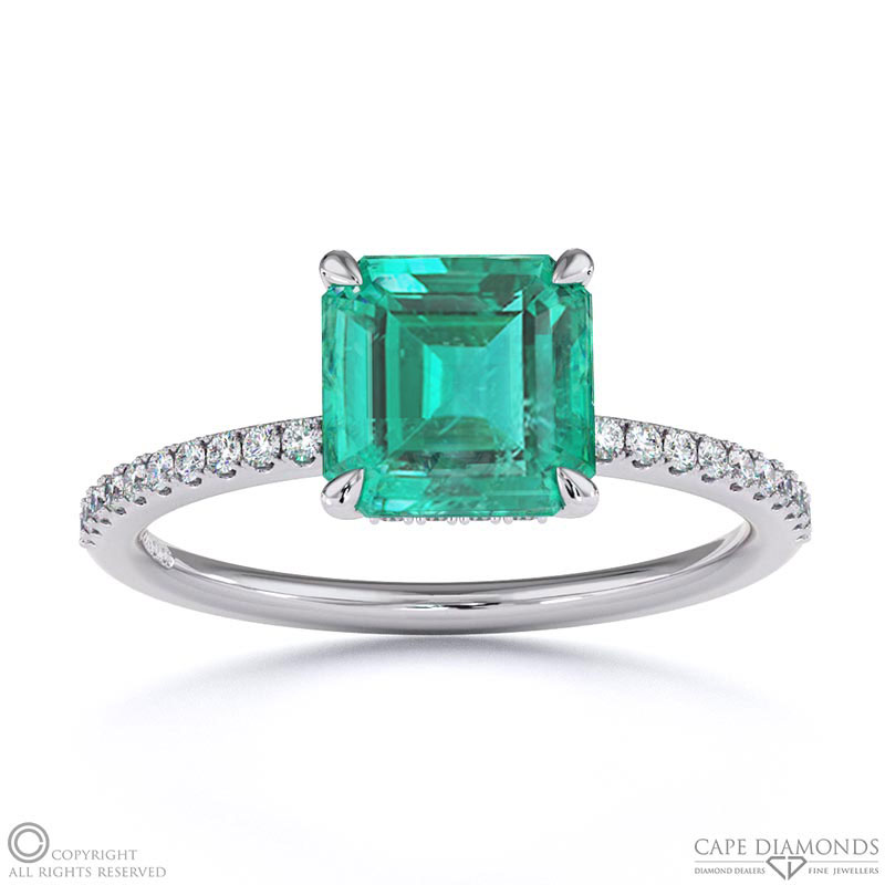 Emerald Asscher Cut Hidden Halo Sidestones Engagement Ring White Gold