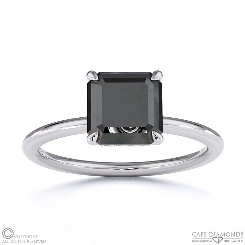 Black Lab Grown Diamond Asscher Cut Hidden Halo Engagement Ring White Gold