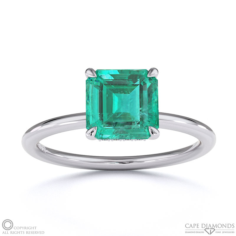 Emerald Asscher Cut Hidden Halo Engagement Ring White Gold