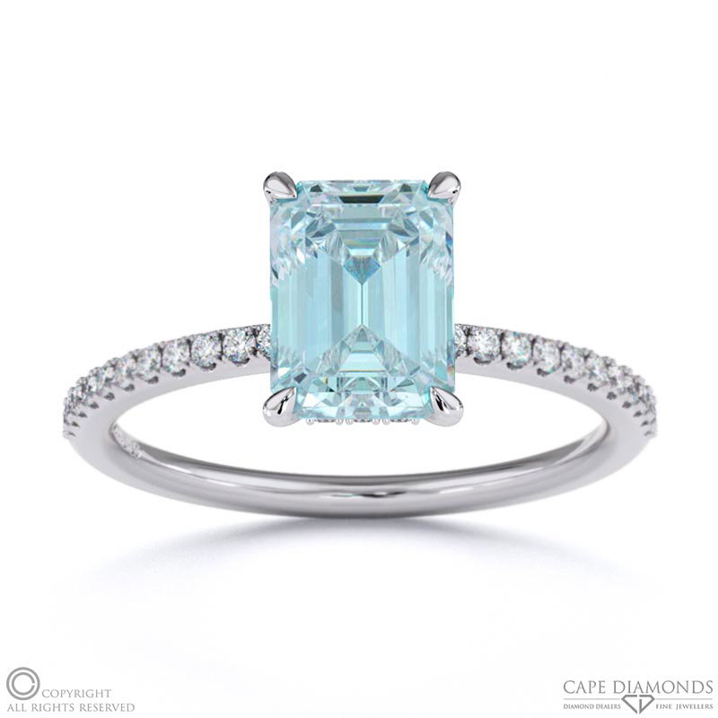 Aquamarine Emerald Cut Hidden Halo Side Stones Engagement Ring White Gold