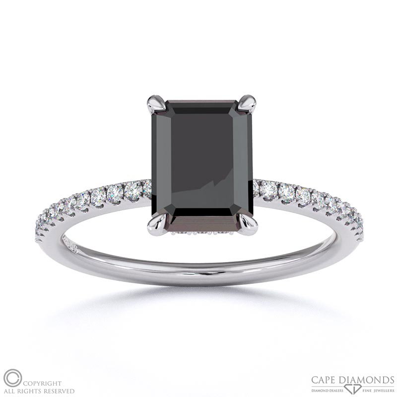 Black Lab Grown Diamond Emerald Cut Hidden Halo Side Stones Engagement Ring White Gold