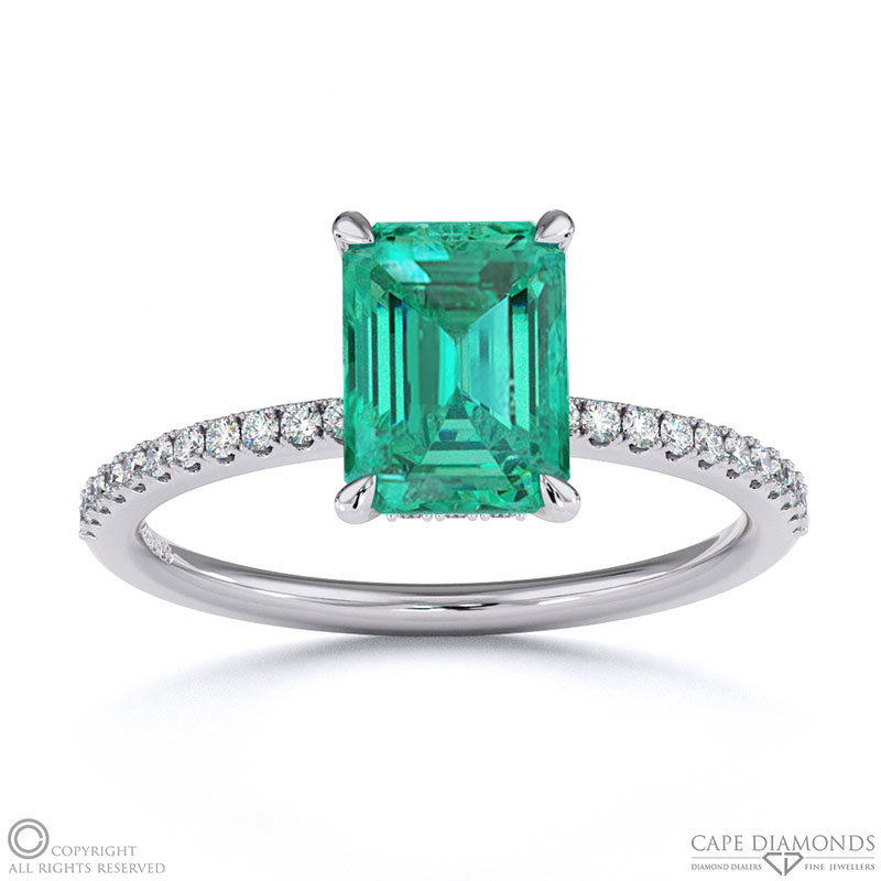 Tourmaline Emerald Cut Hidden Halo Side Stones Engagement Ring White Gold