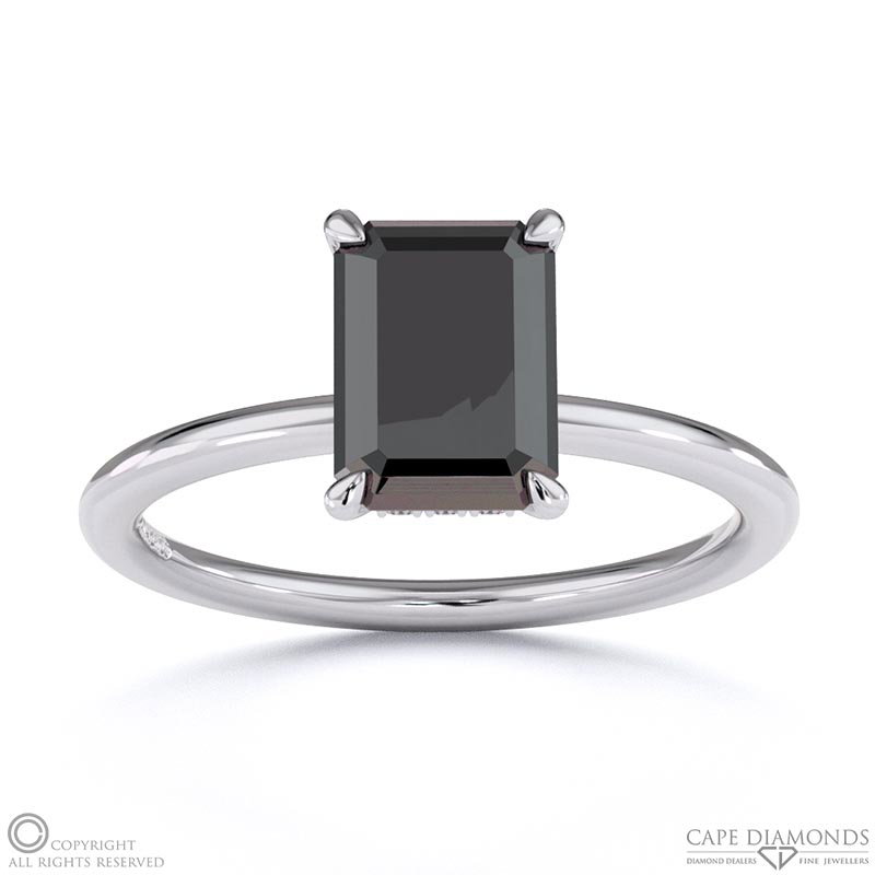 Black Lab Grown Diamond Emerald Hidden Halo Solitare Engagement Ring White Gold