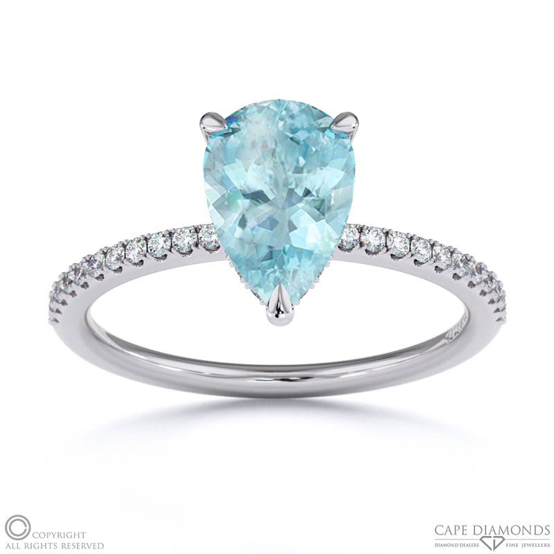 Paraiba Or Blue Tourmaline Pear Cut Hidden Halo Side Stones Engagement Ring White Gold