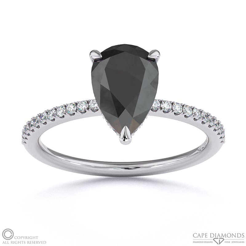 Black Lab Grown Diamond Pear Cut Hidden Halo Side Stones Engagement Ring White Gold