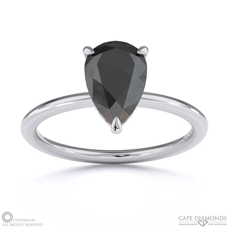 Black Lab Grown Diamond Pear Cut Hidden Halo Engagement Ring White Gold