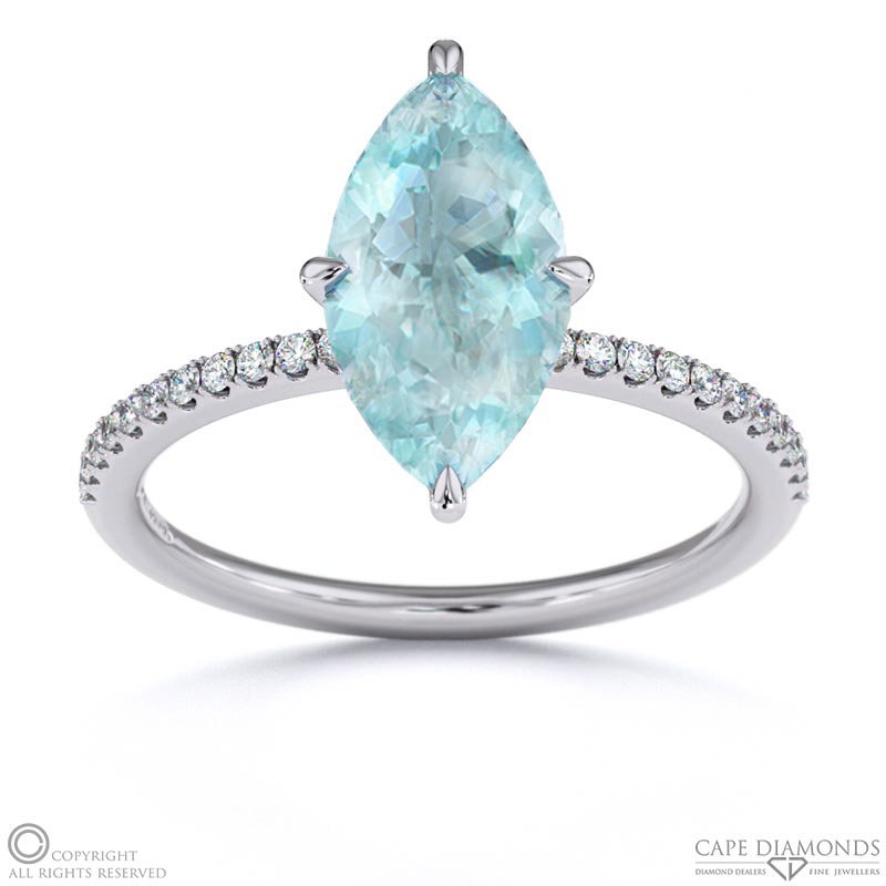 Aquamarine Marquise Cut Hidden Halo Side Stones Engagement Ring White Gold