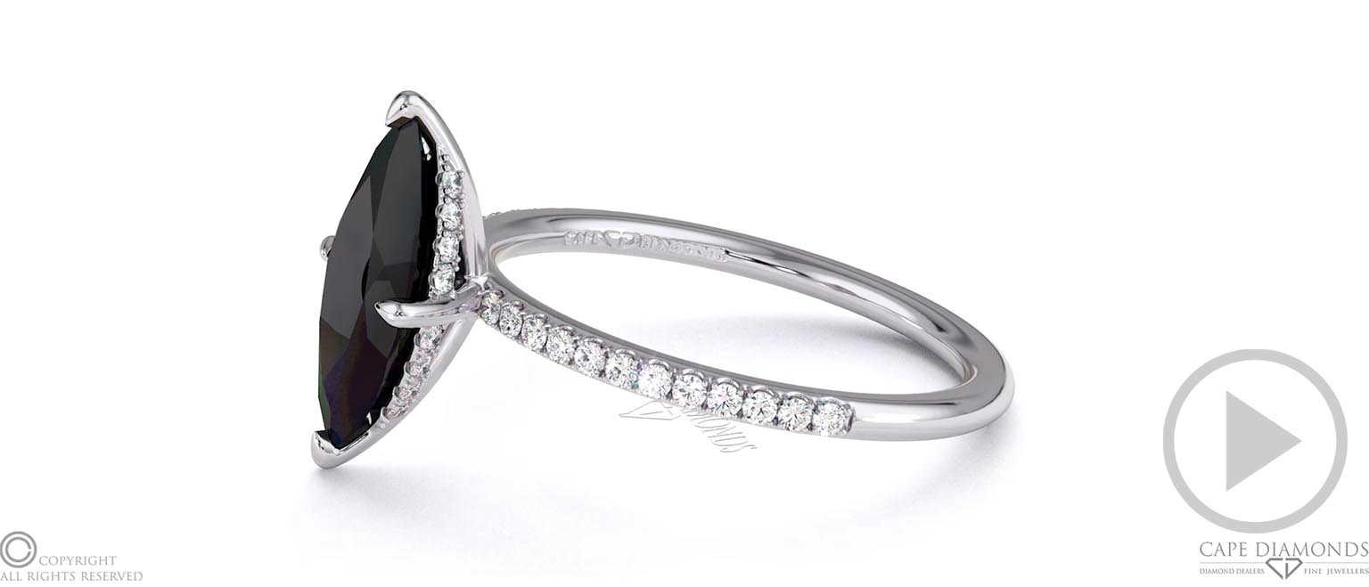 Black Natural Diamond Marquise Cut Hidden Halo Side Stones Engagement Ring Platinum top video