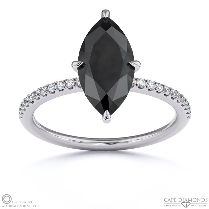 Black Lab Grown Diamond Marquise Cut Hidden Halo Side Stones Engagement Ring White Gold