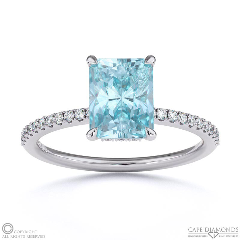Paraiba Or Blue Tourmaline Radiant Cut Hidden Halo Side Stones Engagement Ring White Gold
