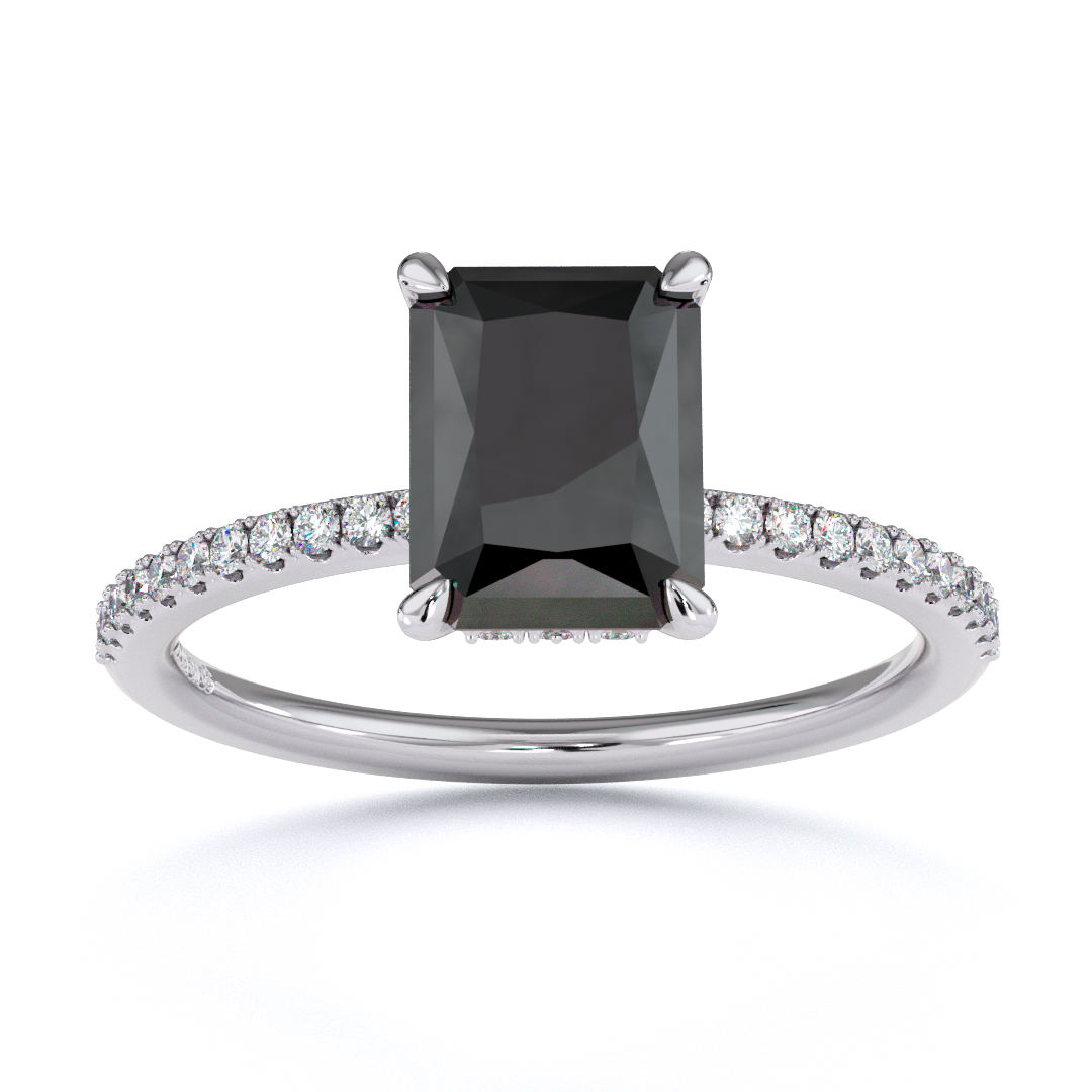 Black Lab Grown Diamond Radiant Cut Hidden Halo Side Stones Engagement Ring White Gold