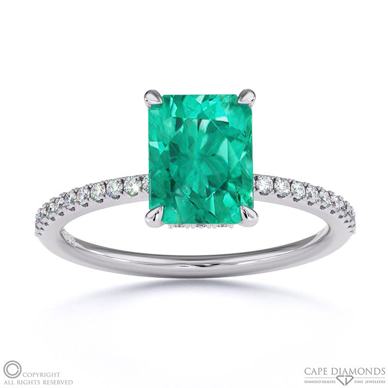 Tourmaline Radiant Cut Hidden Halo Side Stones Engagement Ring White Gold