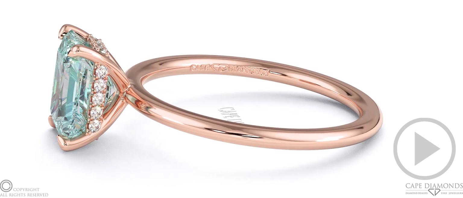 Blue Natural Diamond Radiant Cut Hidden Halo Engagement Ring Rose Gold top video