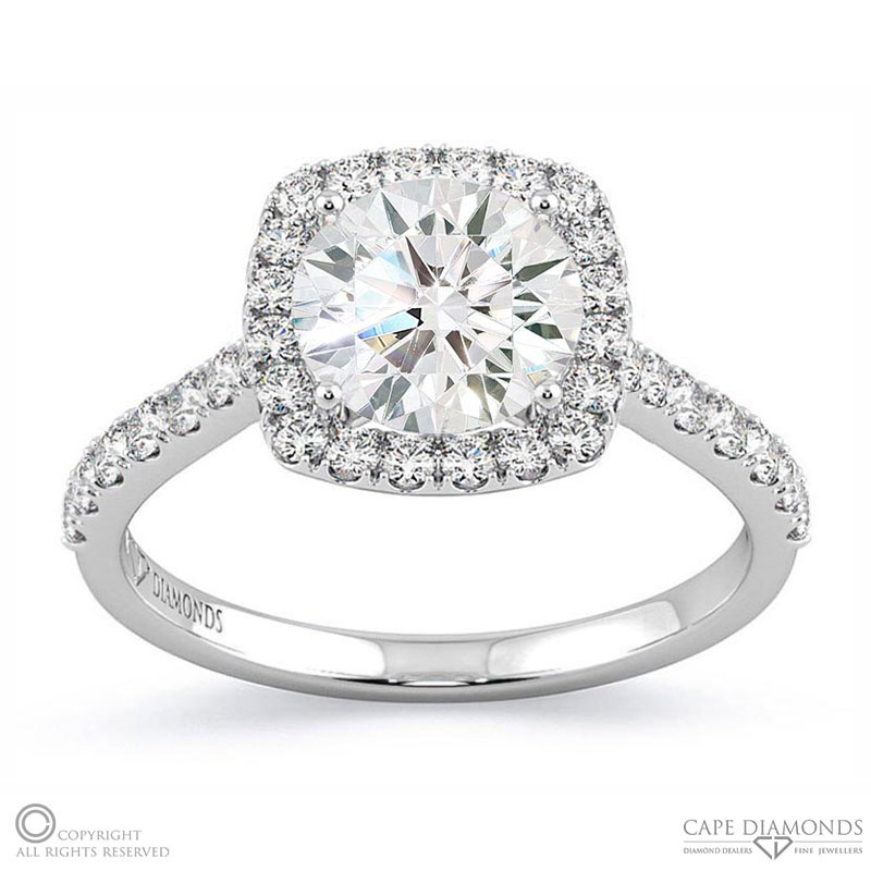 Unique Round Lab Grown Diamond Cushion Halo Engagement Ring White Gold