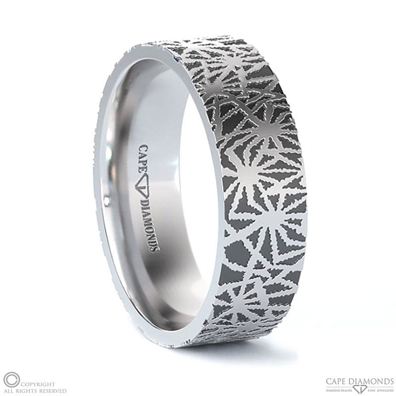 White Gold Bespoke Tattoo Comfort-Fit Flat Men’s Wedding Rings