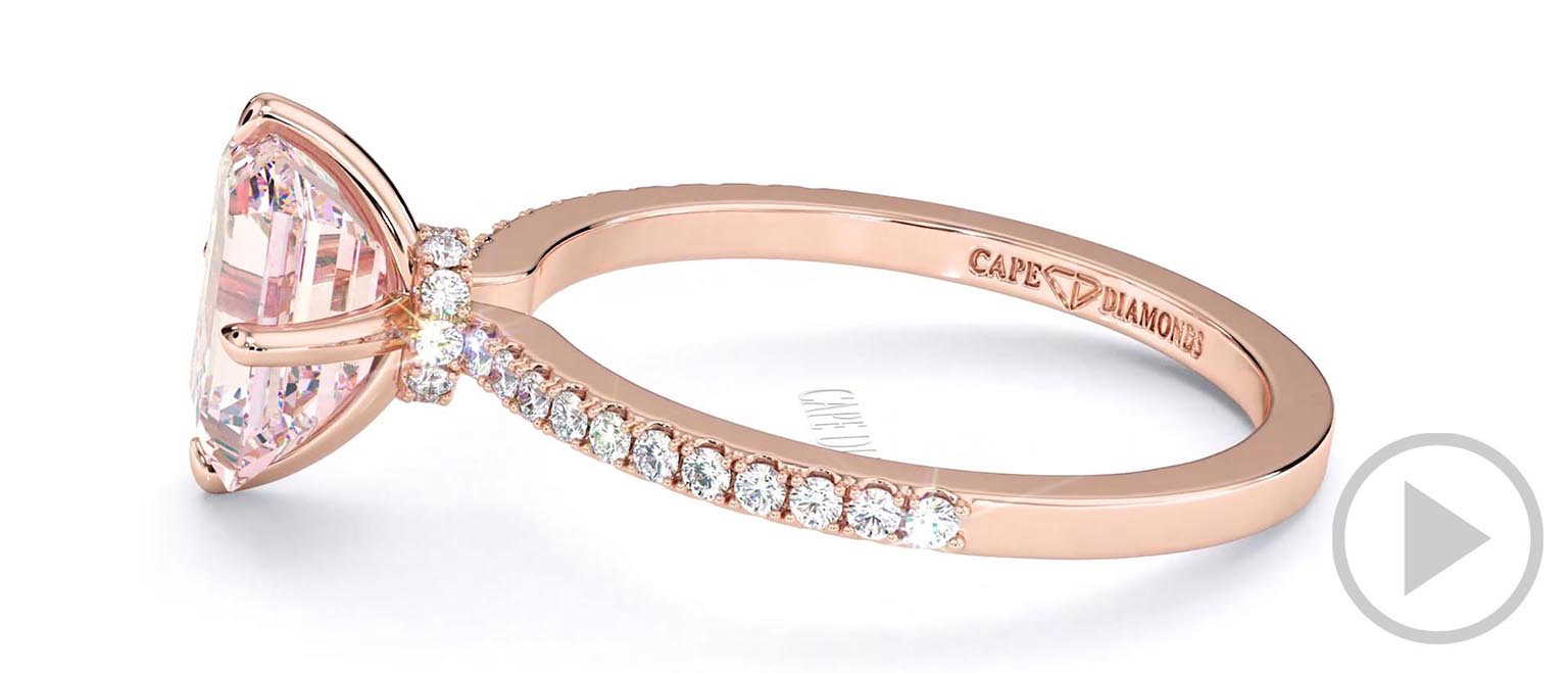 Pink Natural Diamond Low Hidden Halo Emerald Cut Cross Claws Engagement Ring Rose Gold top video