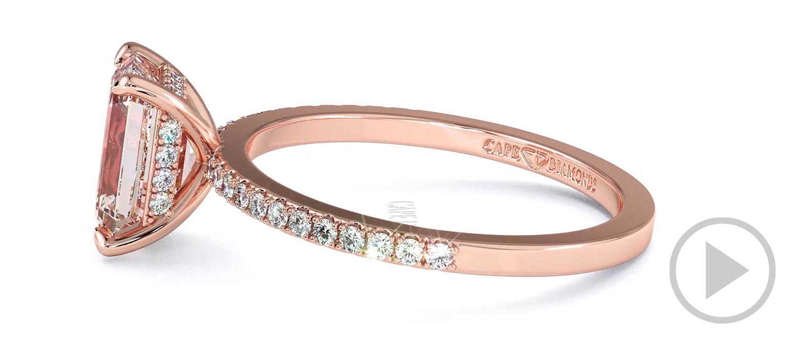 Pink Natural Diamond Hidden Halo Emerald Cut Side Stone Engagement Ring Rose Gold top video