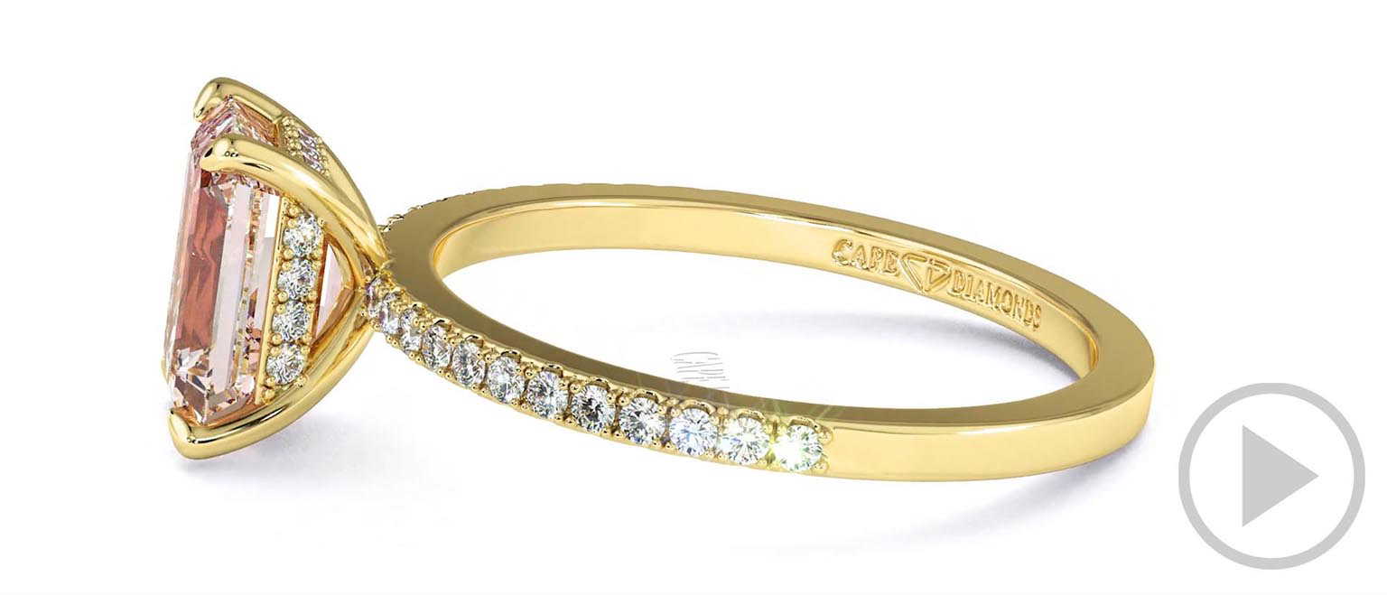 Pink Natural Diamond Hidden Halo Emerald Cut Side Stone Engagement Ring Yellow Gold top video
