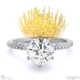 fynbos pincushion flower raised setting on petit lab grown diamond pavé thin squared band with 18k white gold metal and round shape diamond