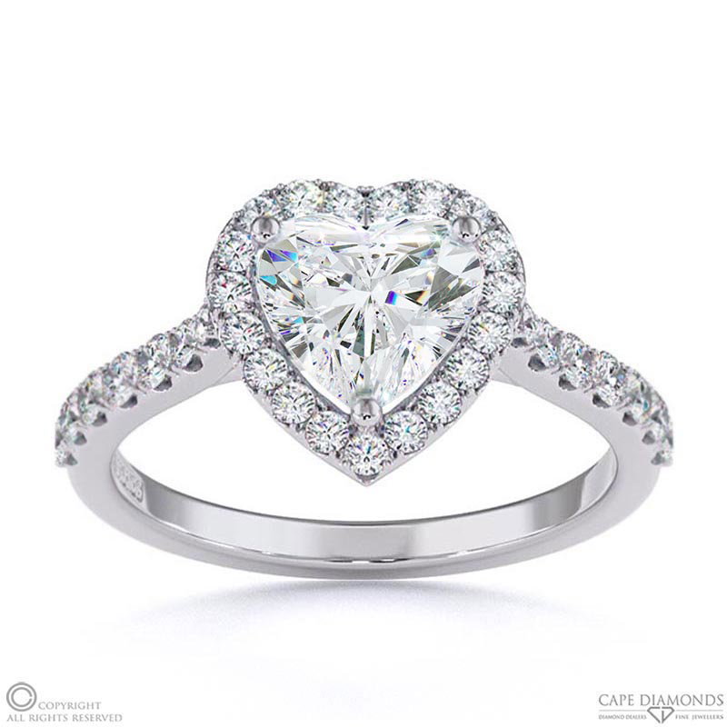 Heart Lab Grown Diamond Halo Cathedral Lab Grown Diamond Engagement Ring White Gold With Pavé Side Diamonds
