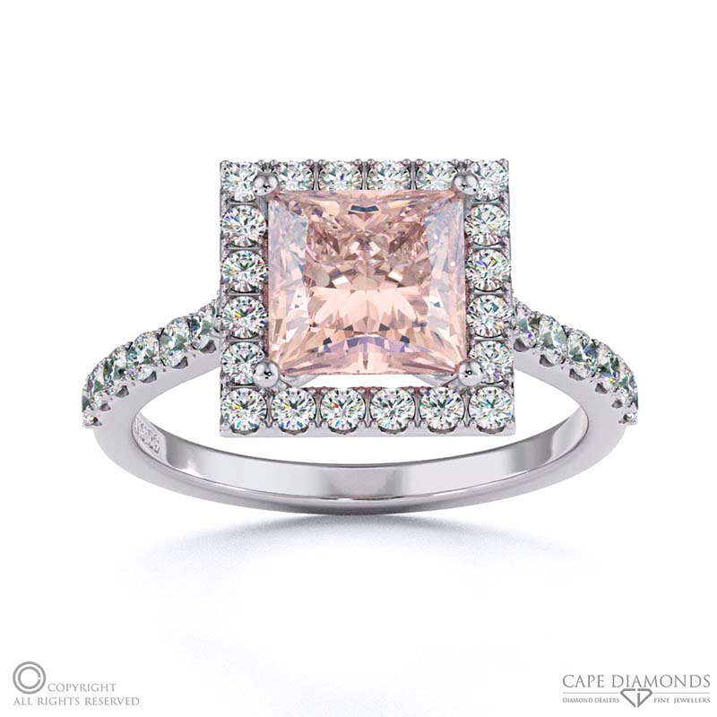 Morganite Halo Princess Shaped Side Stone Engaement Ring White Gold