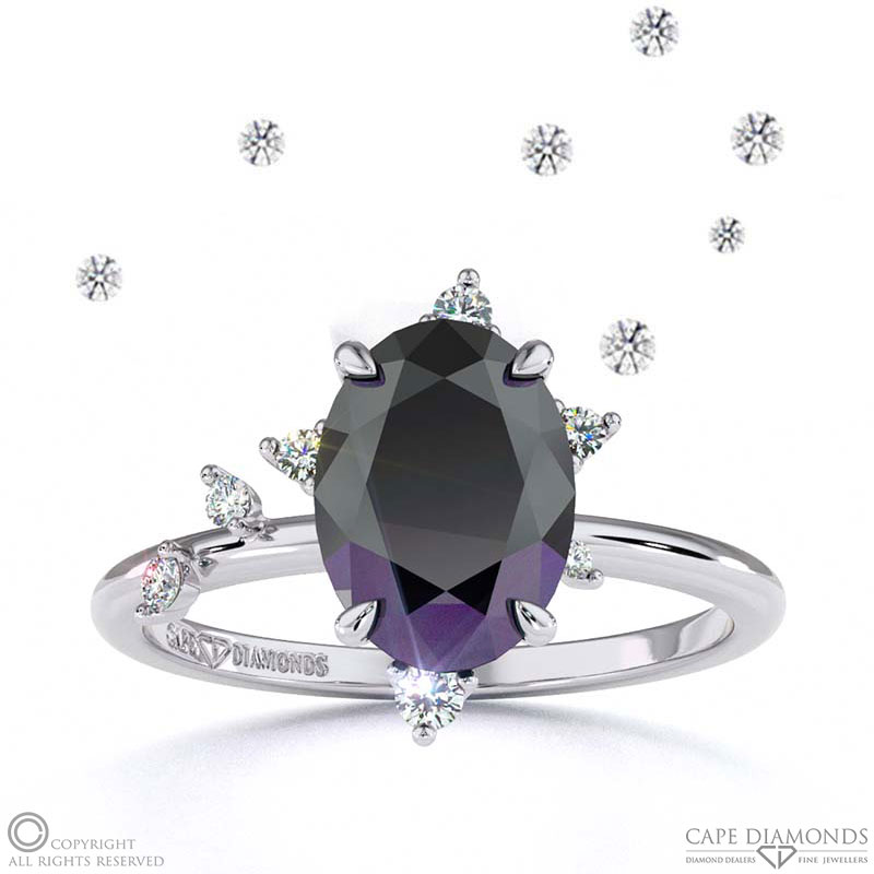 Southern Cross Star Black Lab Grown Diamond Celestial Oval Engagement Ring White Gold