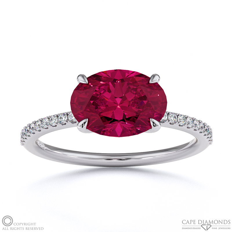 Ruby East West Oval Cut Sidestones Engagement Ring White Gold