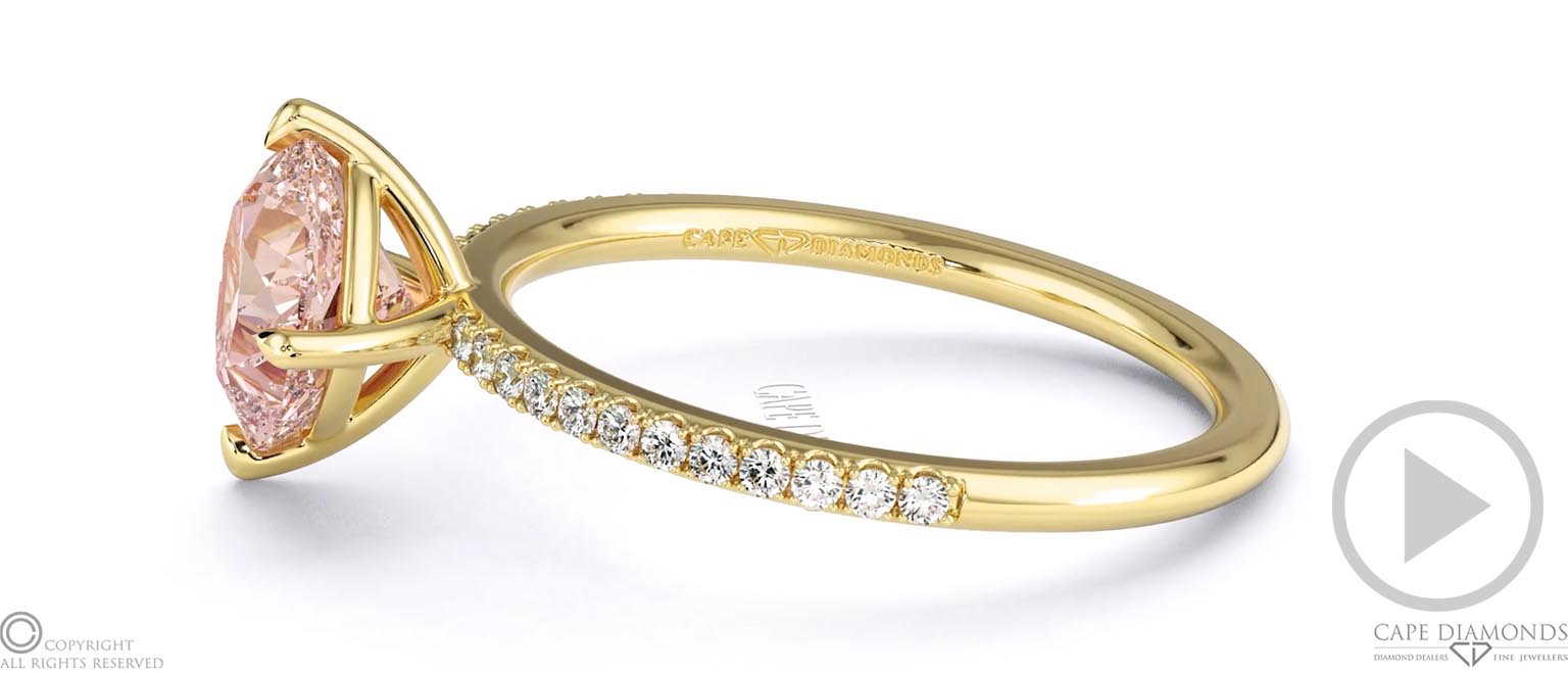 Pink Natural Diamond Cushion Cut East To West Setting Pave Engagement Ring Yellow Gold top video