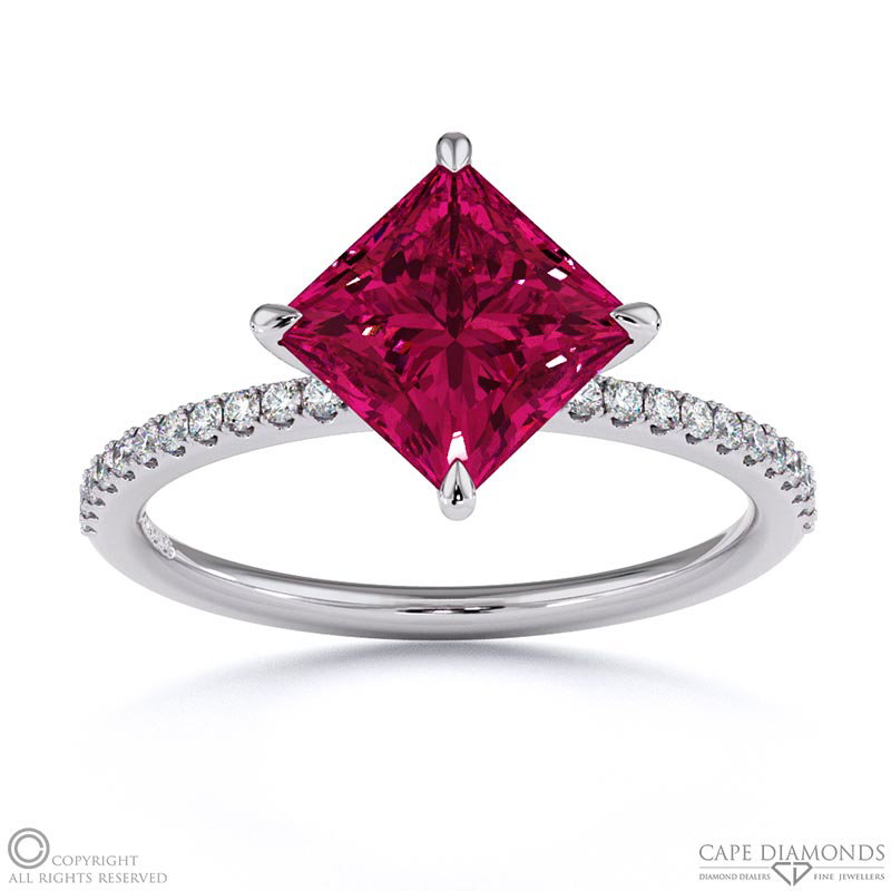 Ruby East West Princess Cut Sidestones Engagement Ring White Gold