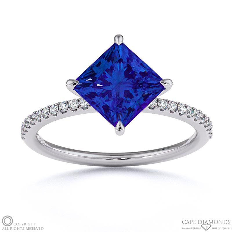 Tanzanite East West Princess Cut Sidestones Engagement Ring White Gold
