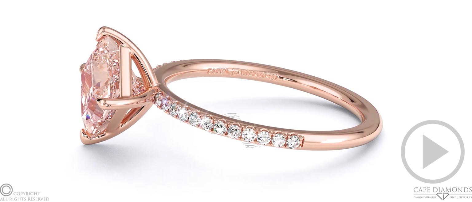 Pink Natural Diamond Princess Cut East To West Setting Pave Engagement Ring Rose Gold top video