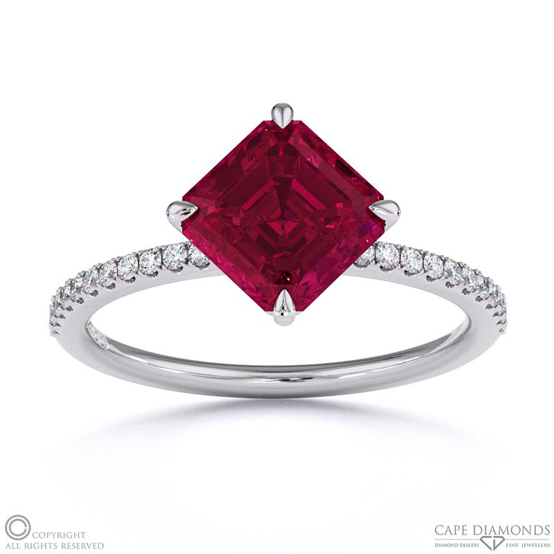 Ruby Asscher East West Side Stone Engagement Ring White Gold
