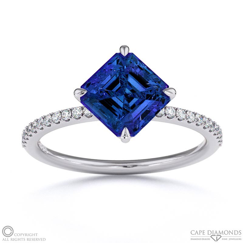 Tanzanite Asscher East West Side Stone Engagement Ring White Gold