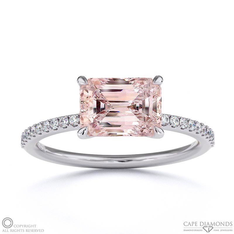 Morganite Emerald Cut Pave East To West Engagement Ring White Gold