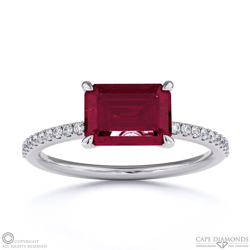 Ruby Emerald Cut Pave East To West Engagement Ring White Gold