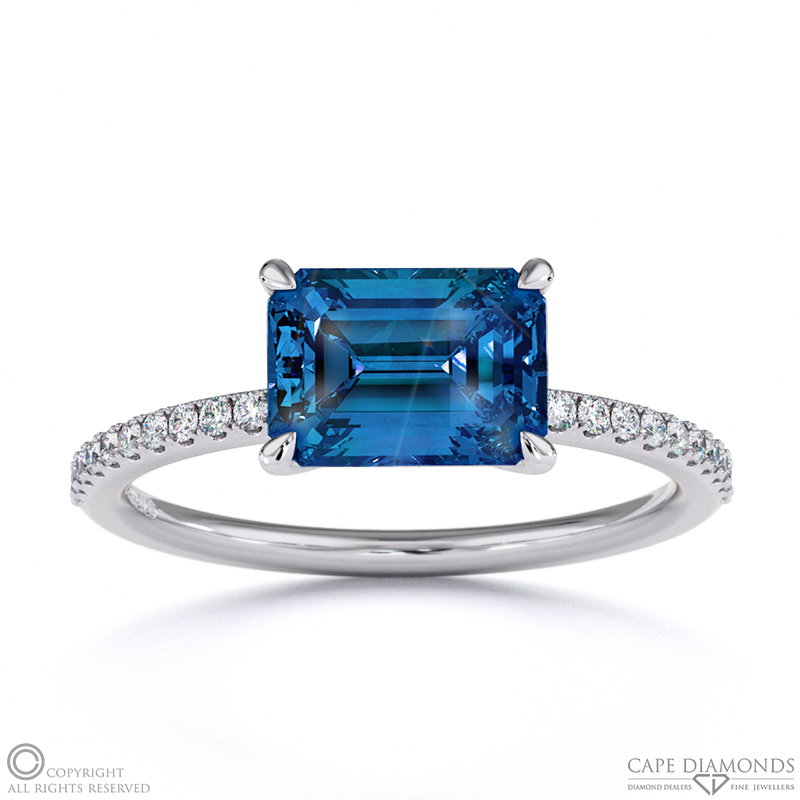 Sapphire Emerald Cut Pave East To West Engagement Ring White Gold