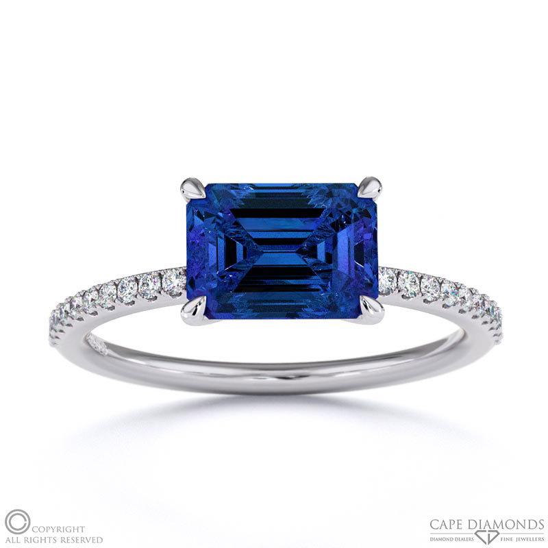 Tanzanite Emerald Cut Pave East To West Engagement Ring White Gold