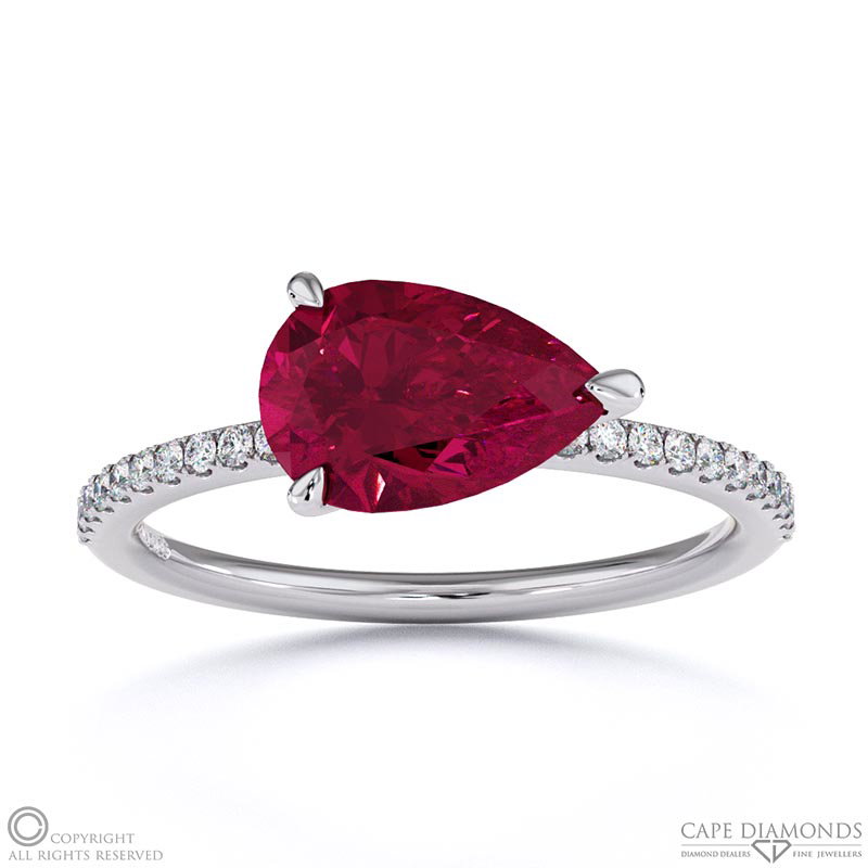 Ruby East West Pear Side Stones Engagement Ring White Gold